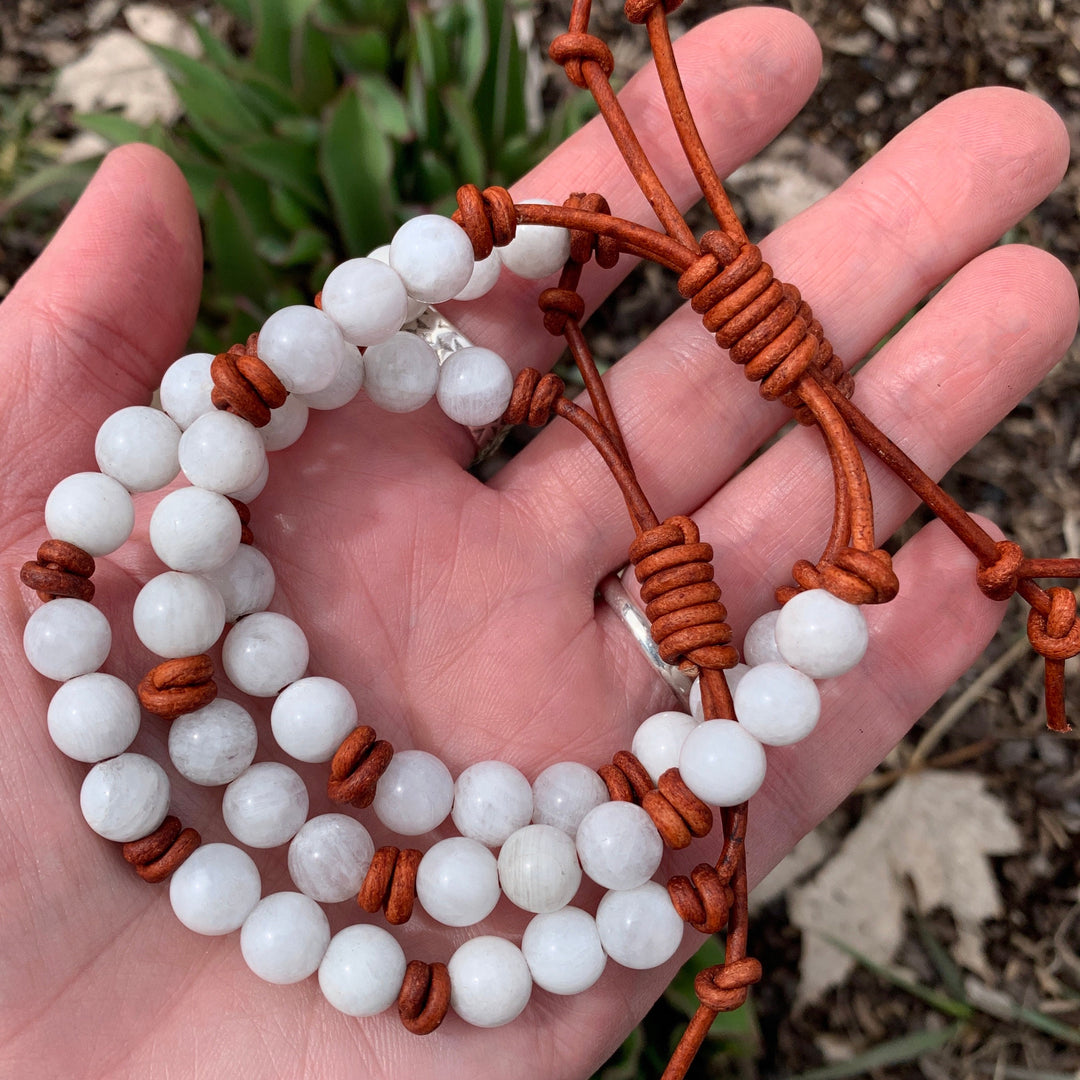 White Moonstone and Rustic Brown Leather Bracelet - SunlightSilver