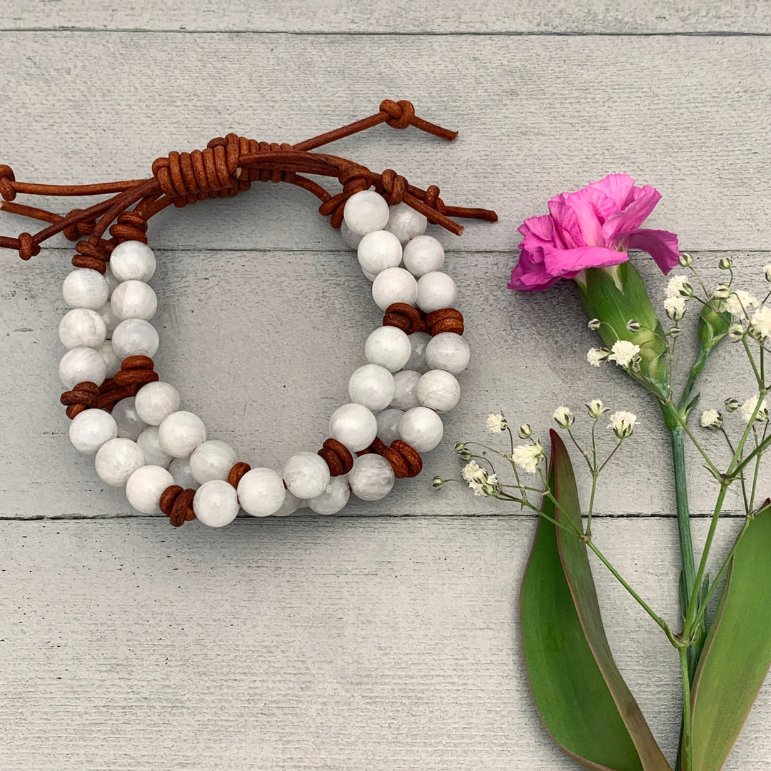 White Moonstone and Rustic Brown Leather Bracelet - SunlightSilver