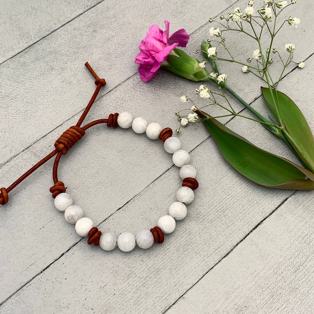 White Moonstone and Rustic Brown Leather Bracelet - SunlightSilver