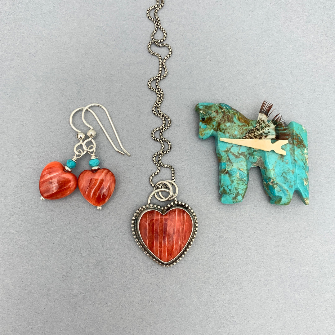 Red Spiny Oyster Shell Heart, Turquoise and Sterling Silver Earrings - SunlightSilver