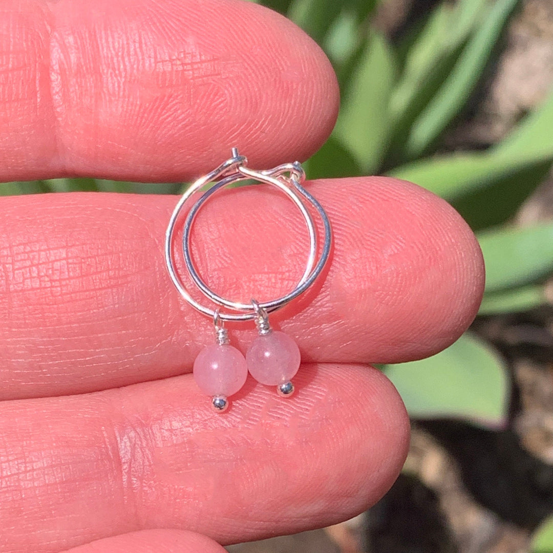 Rose Quartz Charm Hoop Earrings. Available in Solid 925 Sterling Silver, 14k Yellow or Rose Gold Fill - SunlightSilver