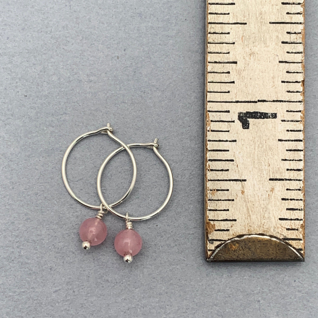 Rose Quartz Charm Hoop Earrings. Available in Solid 925 Sterling Silver, 14k Yellow or Rose Gold Fill - SunlightSilver