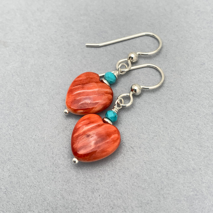 Red Spiny Oyster Shell Heart, Turquoise and Sterling Silver Earrings - SunlightSilver