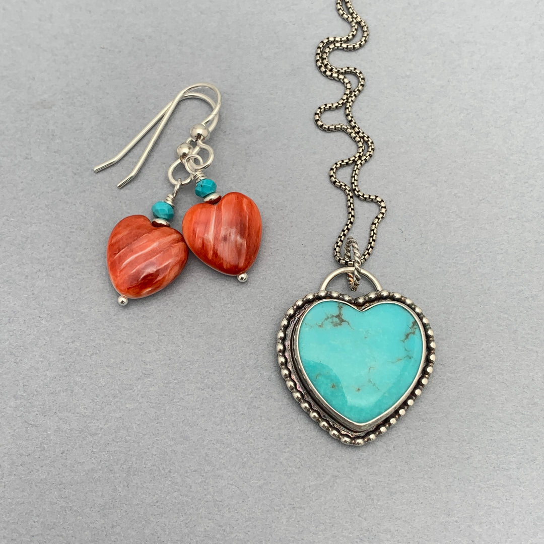 Red Spiny Oyster Shell Heart, Turquoise and Sterling Silver Earrings - SunlightSilver