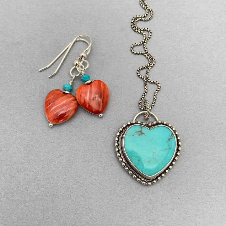 Red Spiny Oyster Shell Heart, Turquoise and Sterling Silver Earrings - SunlightSilver