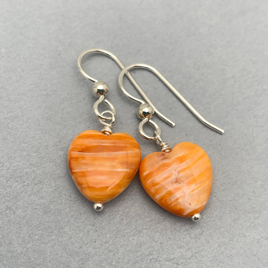 Orange Spiny Oyster Shell Heart and Sterling Silver Earrings - SunlightSilver