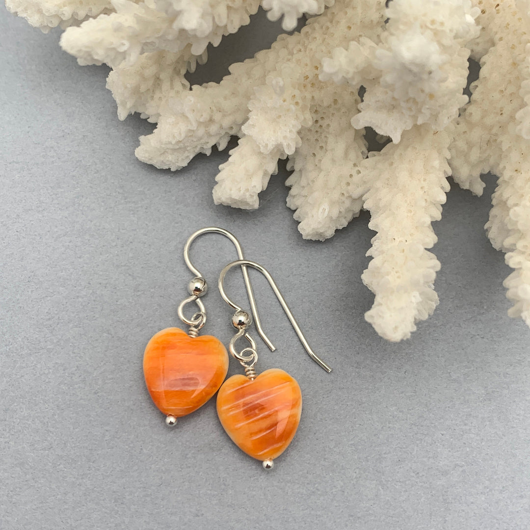 Orange Spiny Oyster Shell Heart and Sterling Silver Earrings - SunlightSilver