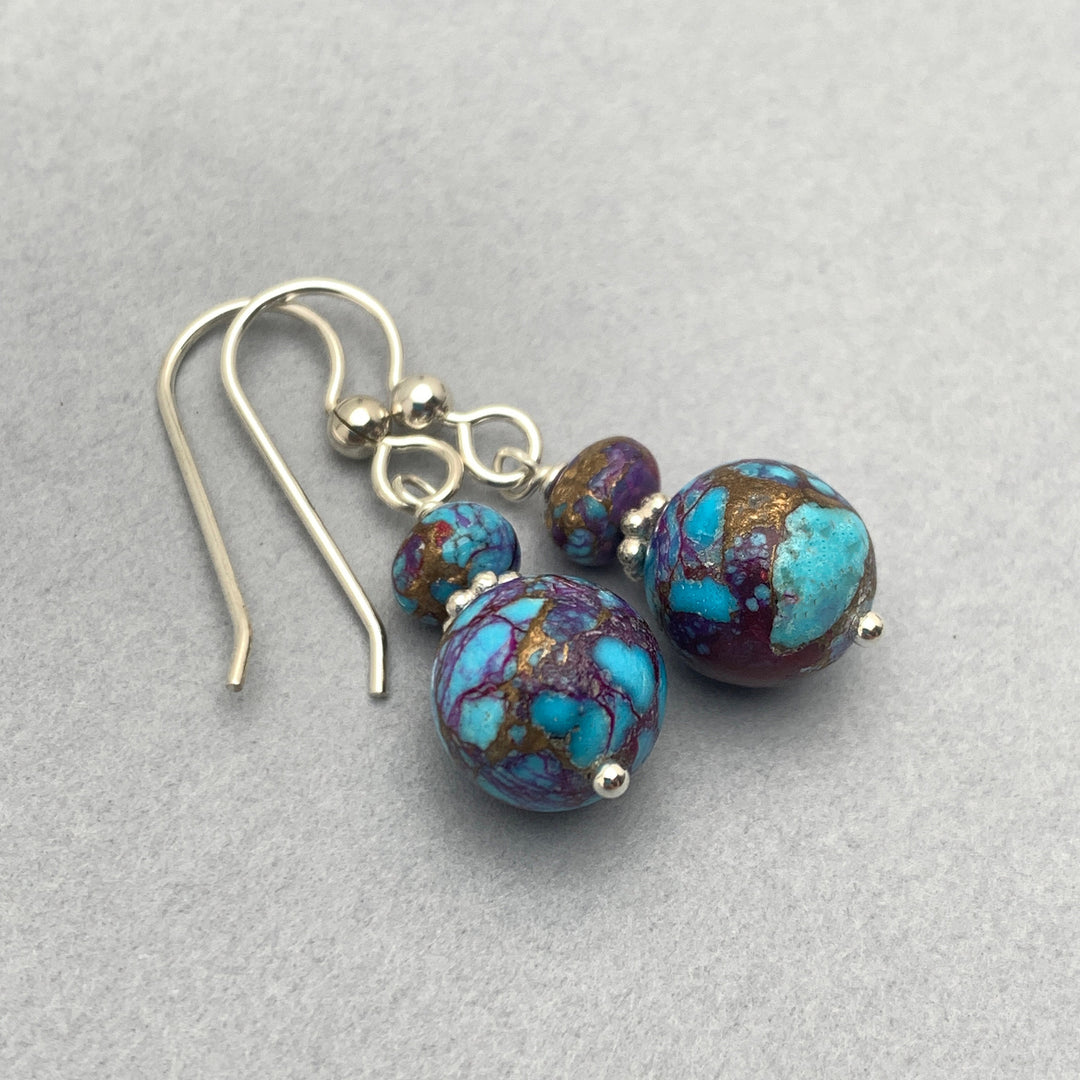 Kingman Mohave Turquoise and Sterling Silver Earrings. Purple Spiny Oyster Shell - SunlightSilver