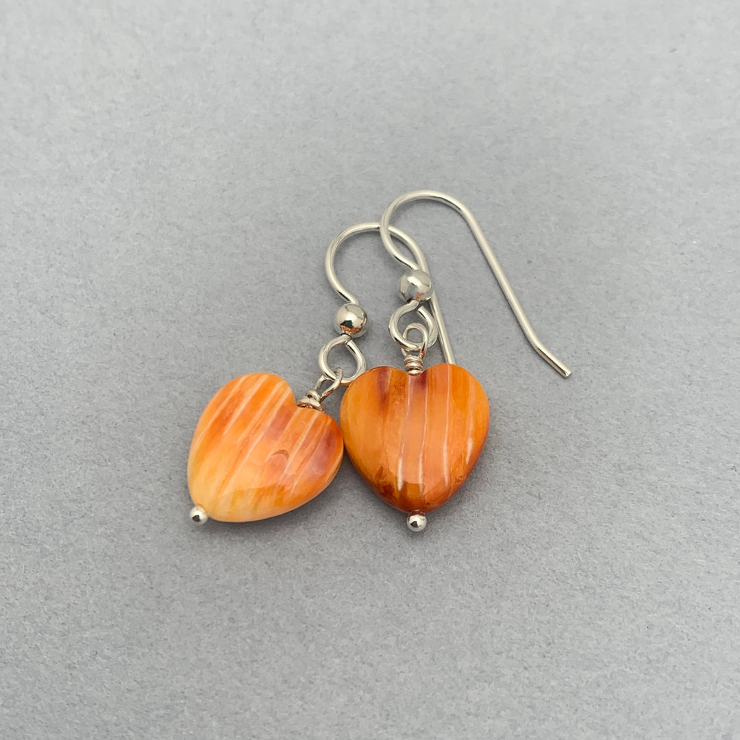 Orange Spiny Oyster Shell Heart and Sterling Silver Earrings - SunlightSilver