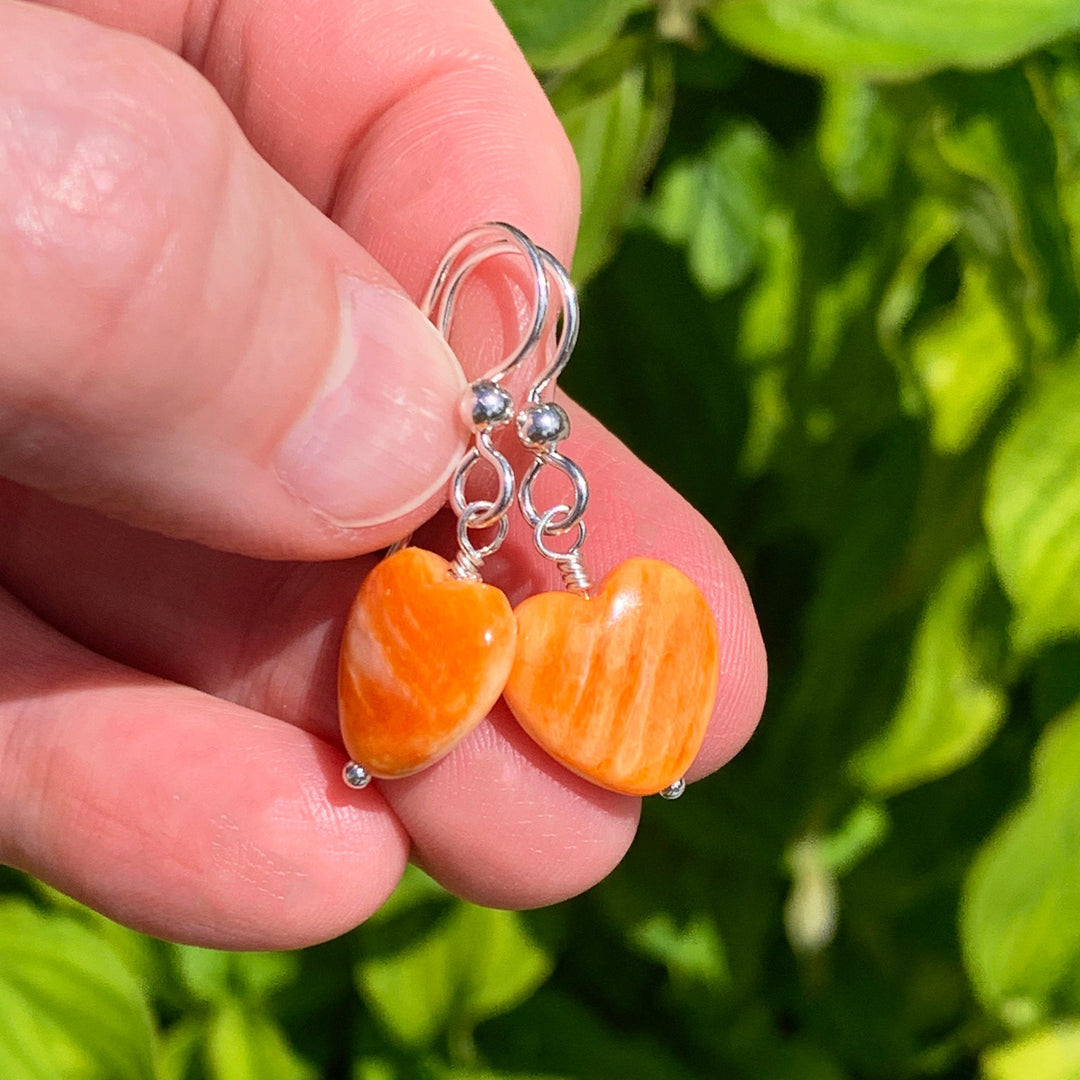 Orange Spiny Oyster Shell Heart and Sterling Silver Earrings - SunlightSilver