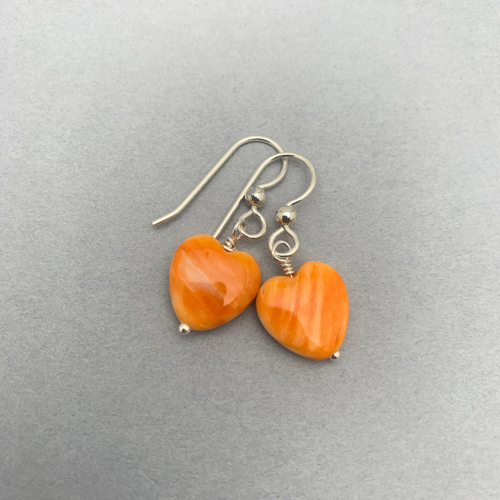 Orange Spiny Oyster Shell Heart and Sterling Silver Earrings - SunlightSilver