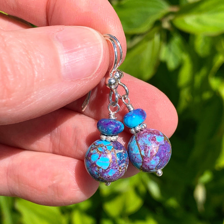 Kingman Mohave Turquoise and Sterling Silver Earrings. Purple Spiny Oyster Shell - SunlightSilver