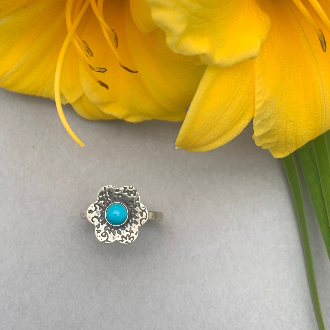 Blue Ridge Turquoise Flower Ring • Orvil Jack Nevada Mine Turquoise • Sterling Silver • Floral Southwestern Boho Jewelry Handmade in USA - SunlightSilver