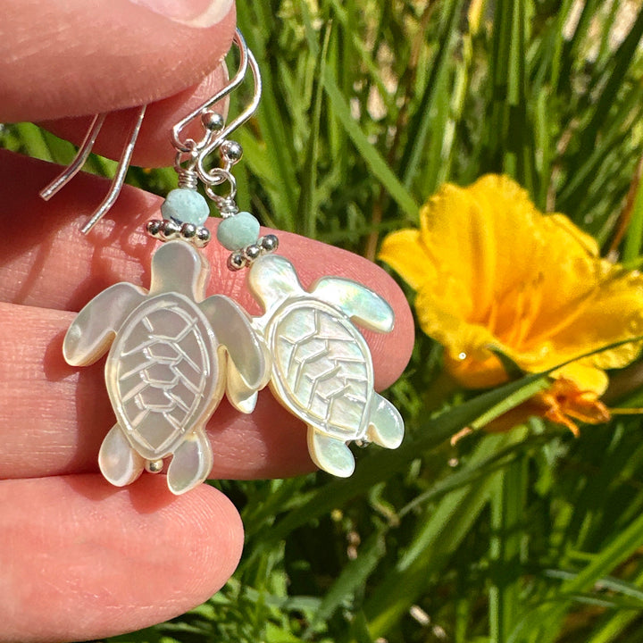 Larimar, Mother of Pearl Sea Turtle and Sterling Silver Earrings - SunlightSilver