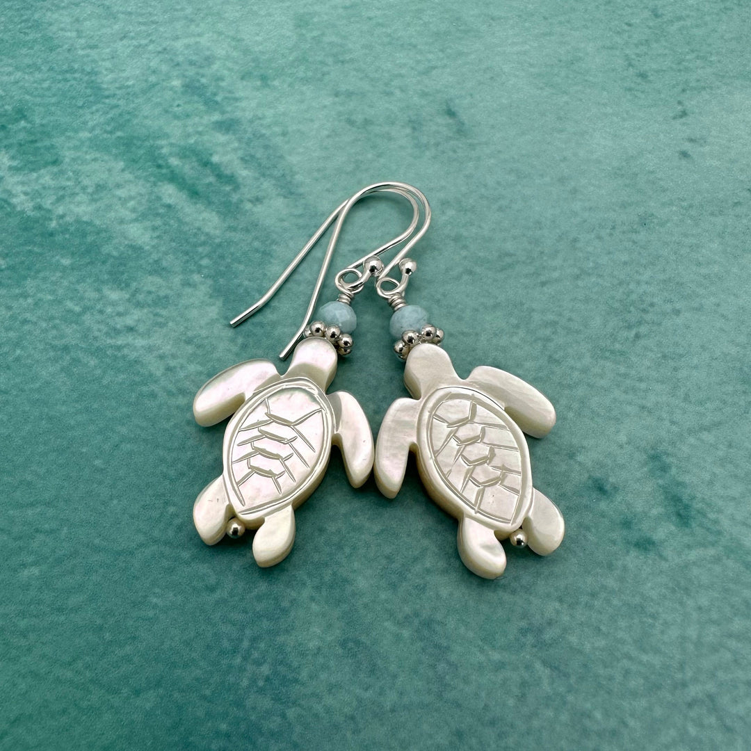 Larimar, Mother of Pearl Sea Turtle and Sterling Silver Earrings - SunlightSilver