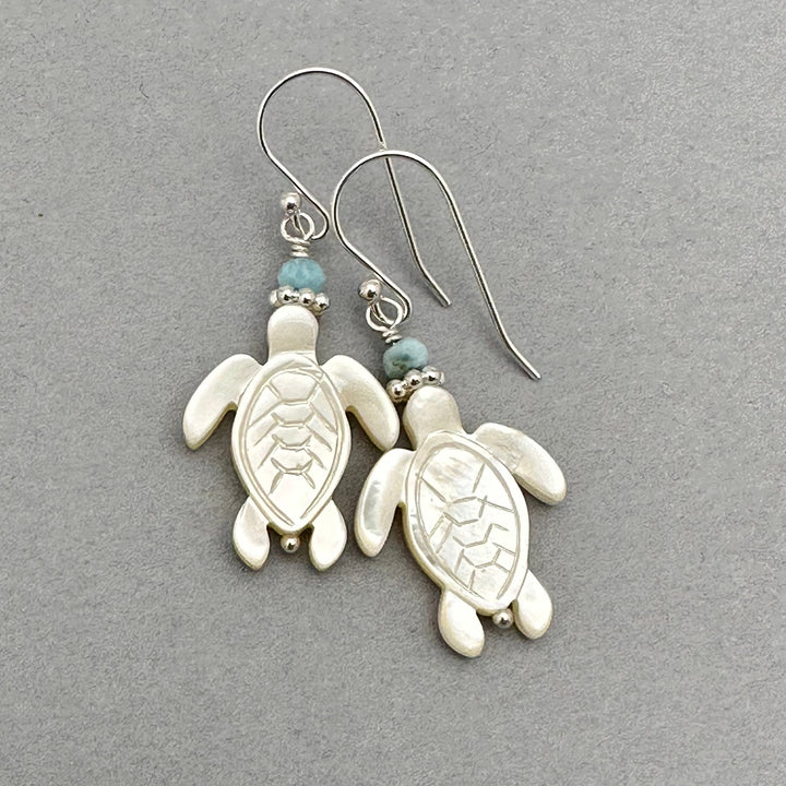 Larimar, Mother of Pearl Sea Turtle and Sterling Silver Earrings - SunlightSilver