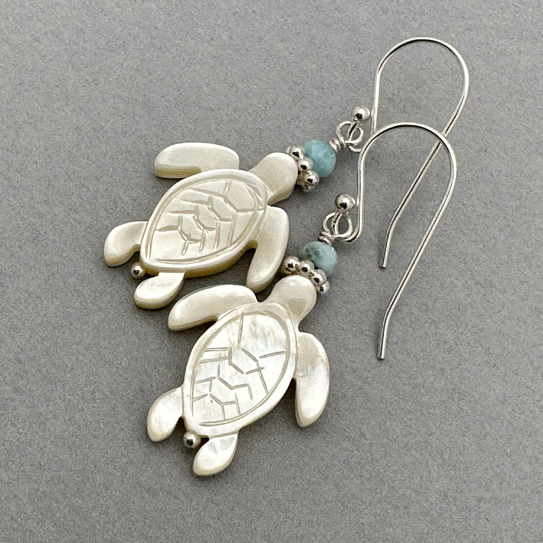 Larimar, Mother of Pearl Sea Turtle and Sterling Silver Earrings - SunlightSilver