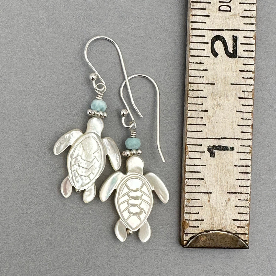 Larimar, Mother of Pearl Sea Turtle and Sterling Silver Earrings - SunlightSilver