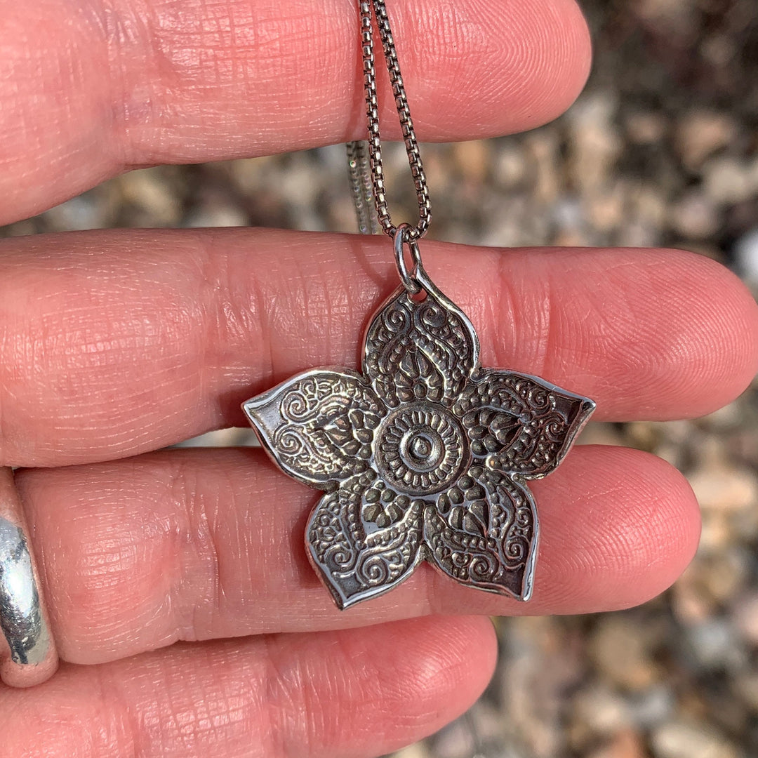 Large Sterling Silver Flower Necklace. Solid 925 Sterling Silver Paisley Flower Pendant. Big Bohemian Mandala Flower Necklace. - SunlightSilver