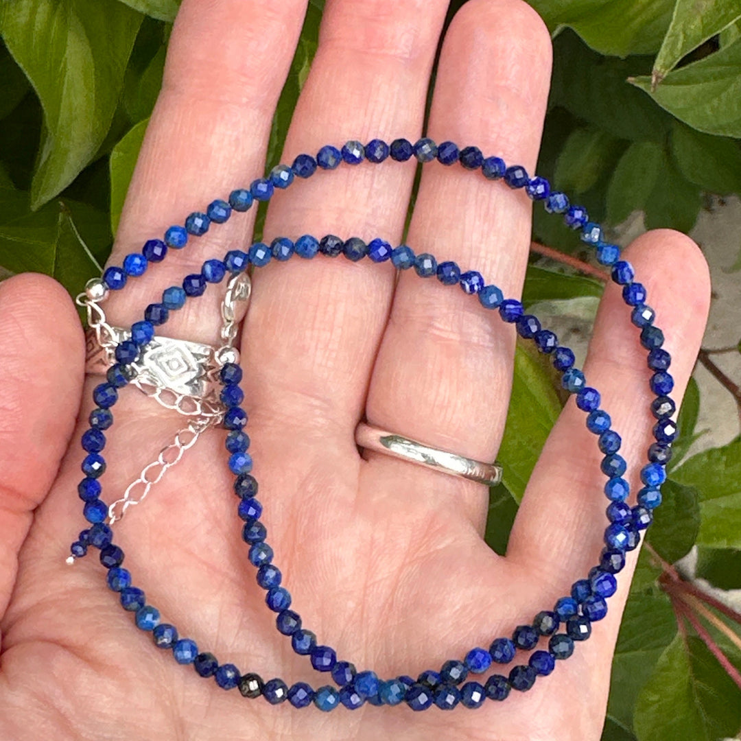 Lapis Lazuli and Solid 925 Sterling Silver Beaded Necklace - SunlightSilver