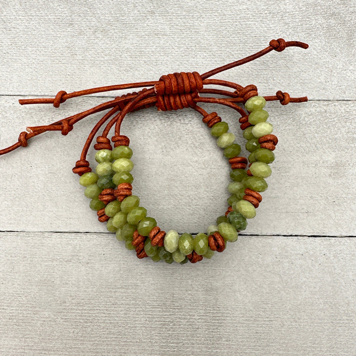 Natural Faceted Green Jade and Rustic Brown Leather Layering Bracelet - SunlightSilver