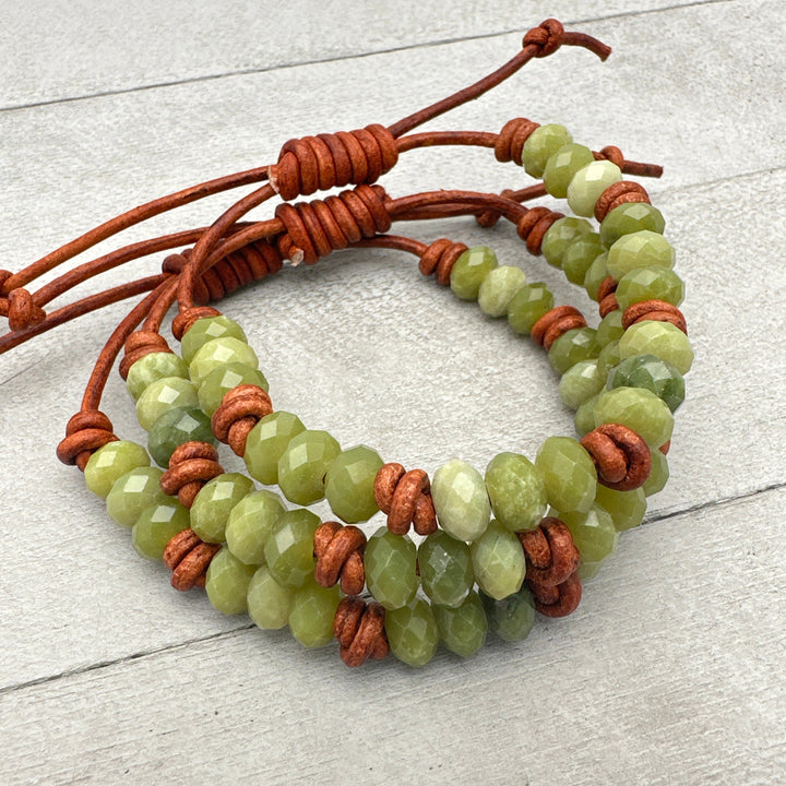 Natural Faceted Green Jade and Rustic Brown Leather Layering Bracelet - SunlightSilver