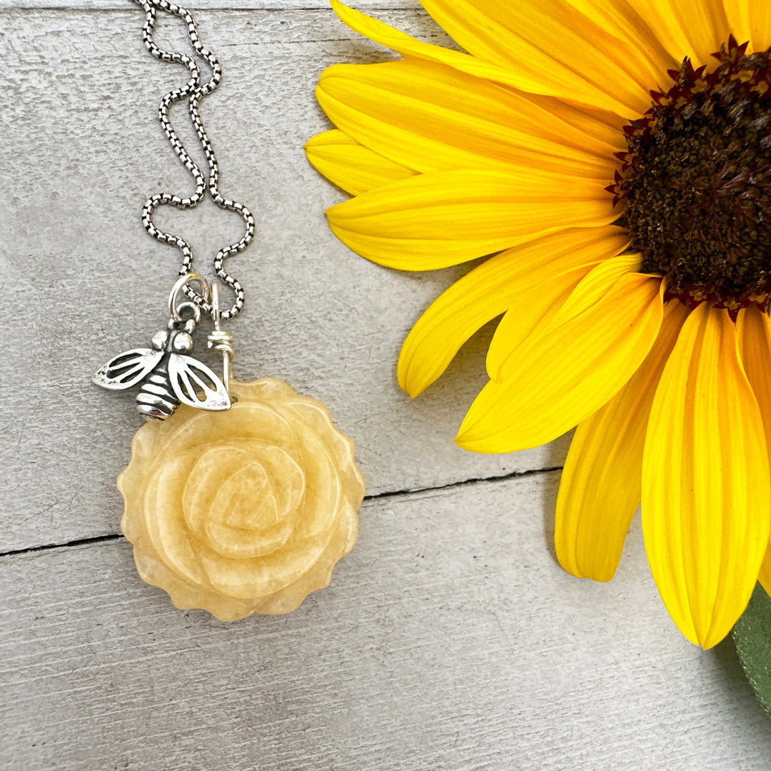 Carved Yellow Jade Flower and Sterling Silver Bee Charm Necklace - SunlightSilver