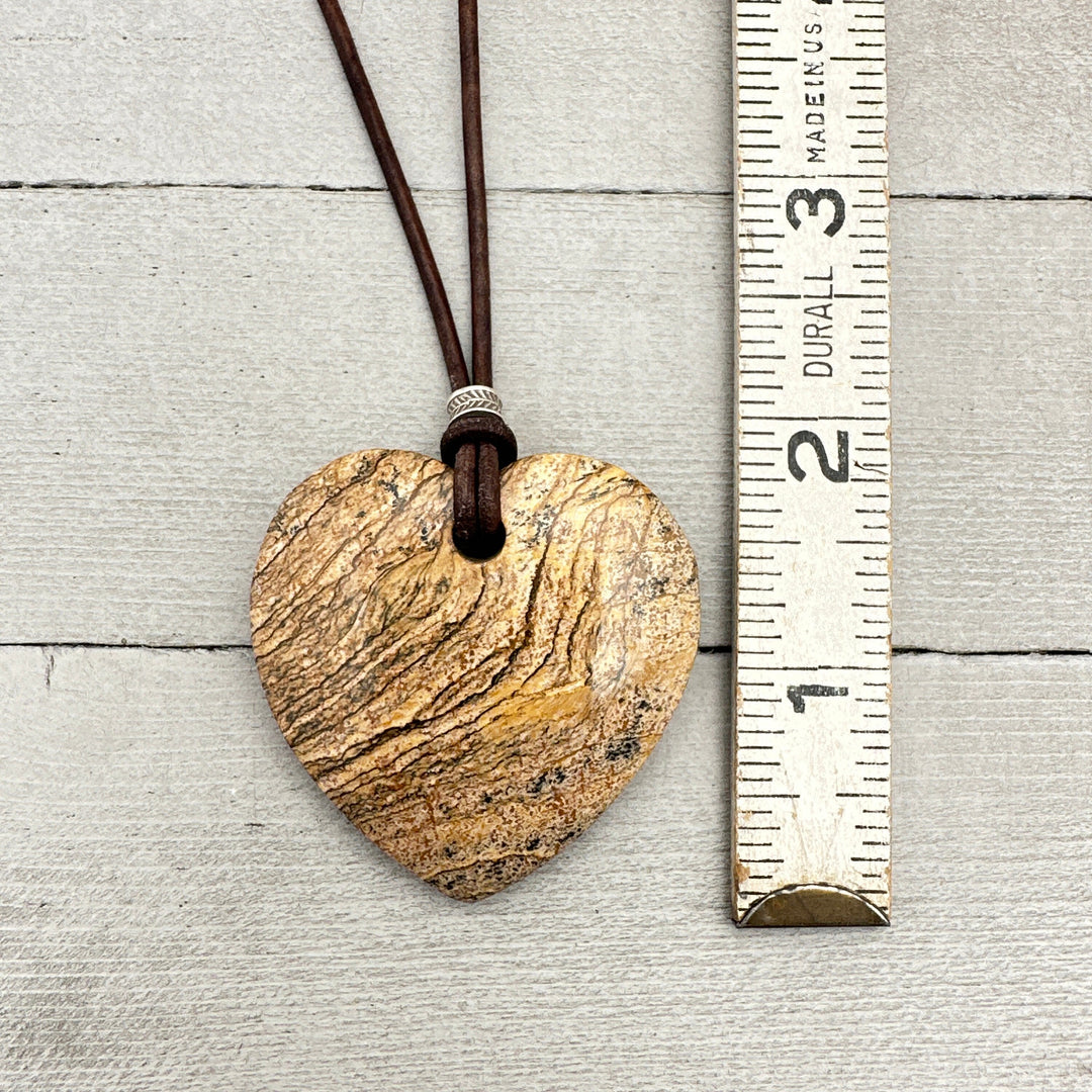 Picture Jasper Heart and Rustic Brown Leather Necklace