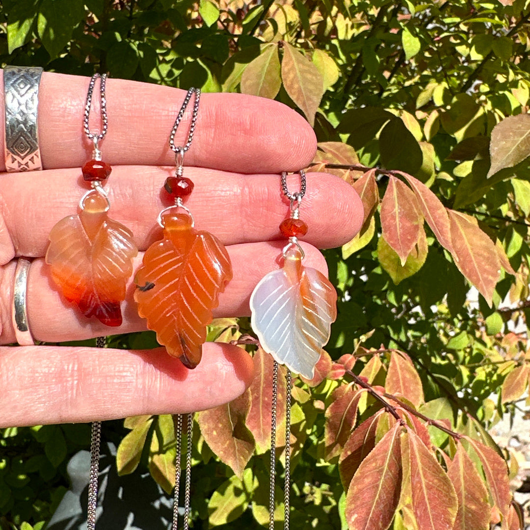 Carved Carnelian Leaf Pendant. Fall leaf jewelry pendant. Orange leaf pendant. One pendant, your choice! - SunlightSilver