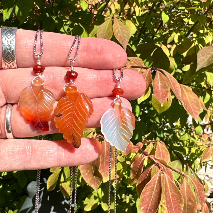 Carved Carnelian Leaf Pendant. Fall leaf jewelry pendant. Orange leaf pendant. One pendant, your choice! - SunlightSilver