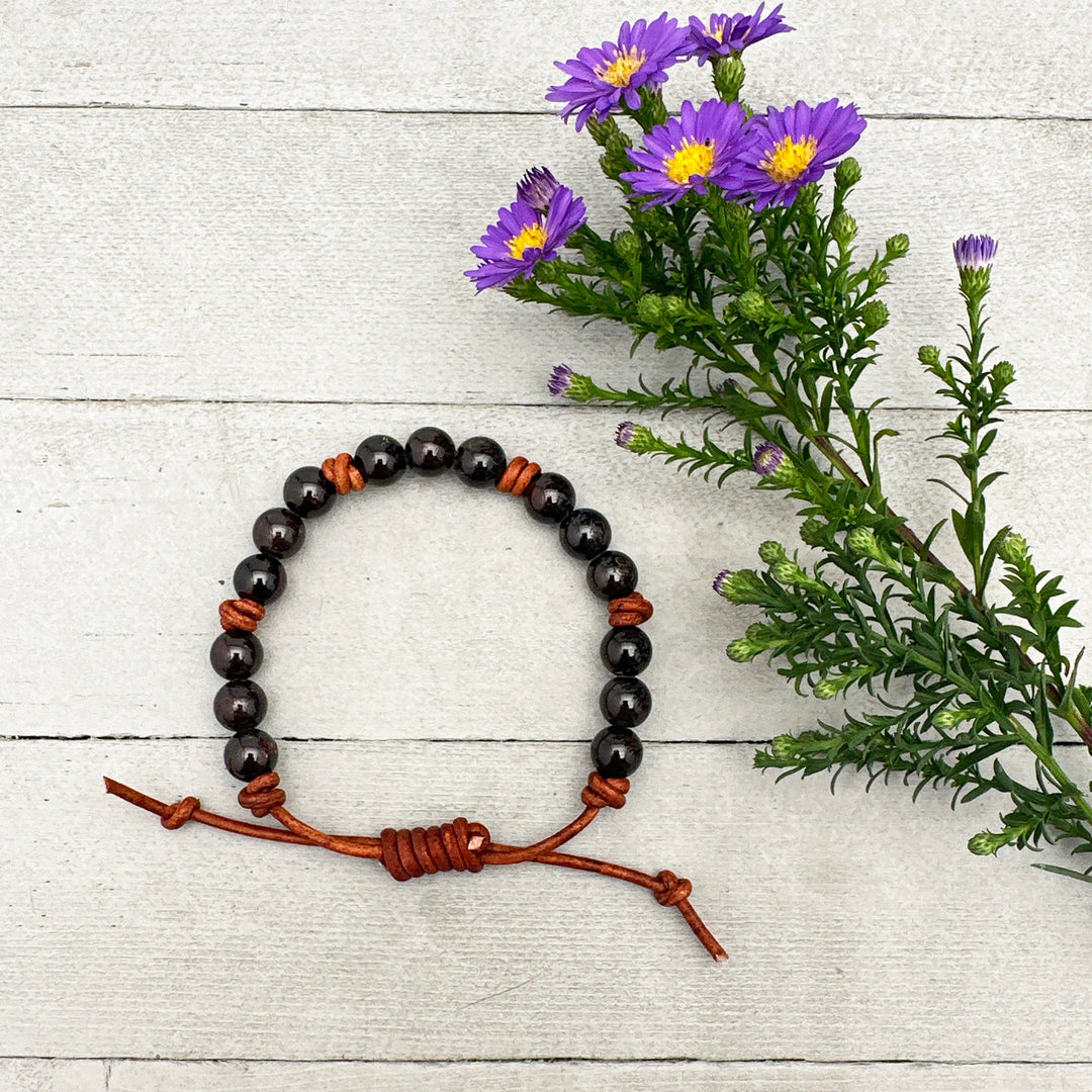 Garnet and Leather Gemstone Stacking Bracelet - SunlightSilver