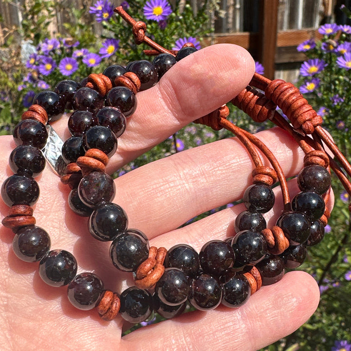 Garnet and Leather Gemstone Stacking Bracelet - SunlightSilver