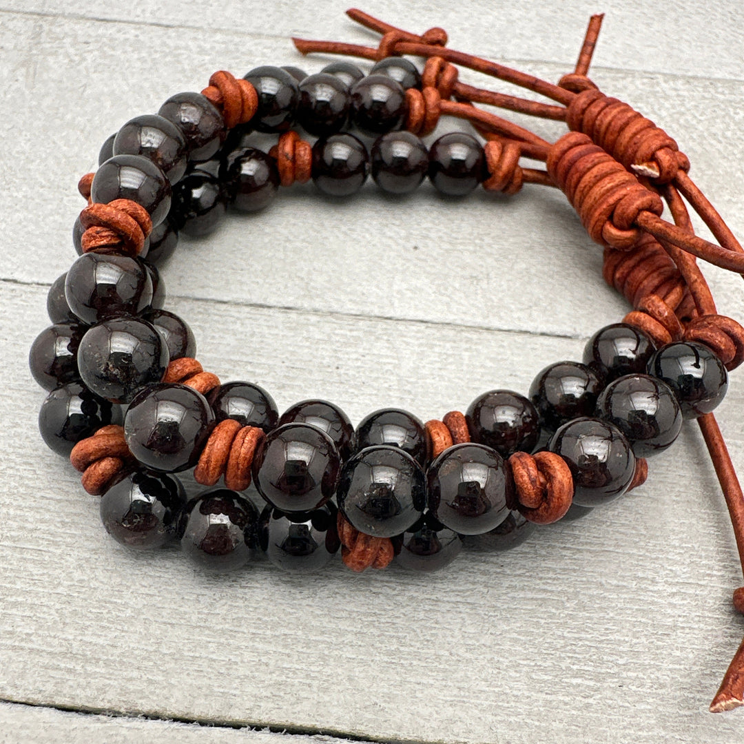 Garnet and Leather Gemstone Stacking Bracelet - SunlightSilver