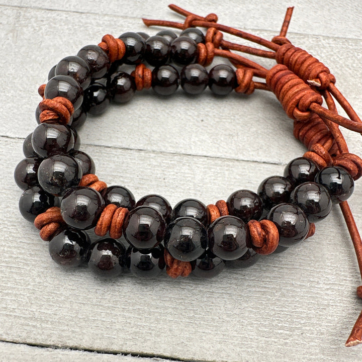 Garnet and Leather Gemstone Stacking Bracelet - SunlightSilver