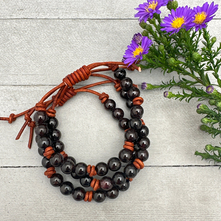 Garnet and Leather Gemstone Stacking Bracelet - SunlightSilver