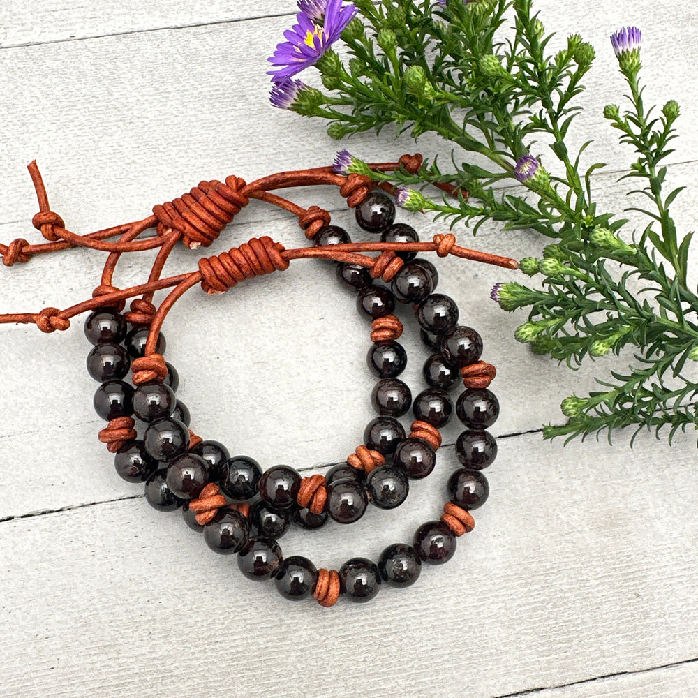 Garnet and Leather Gemstone Stacking Bracelet - SunlightSilver