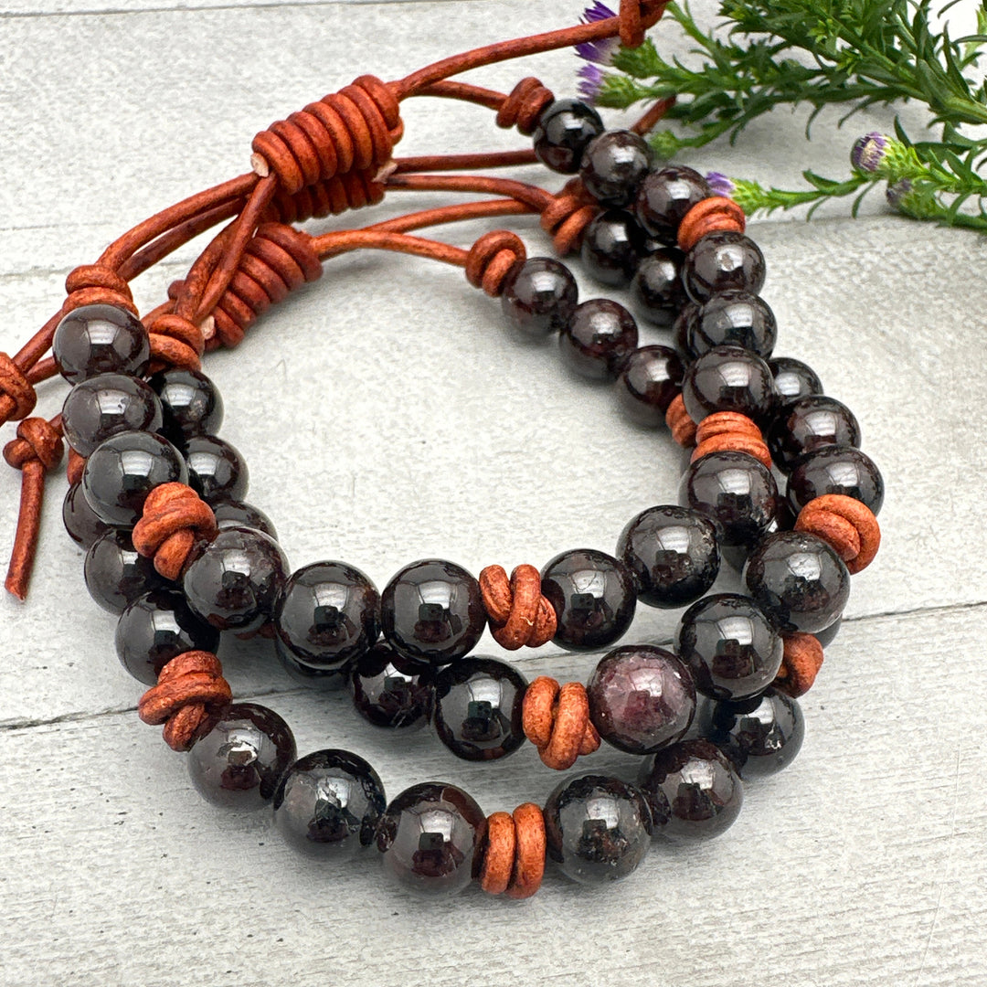 Garnet and Leather Gemstone Stacking Bracelet - SunlightSilver