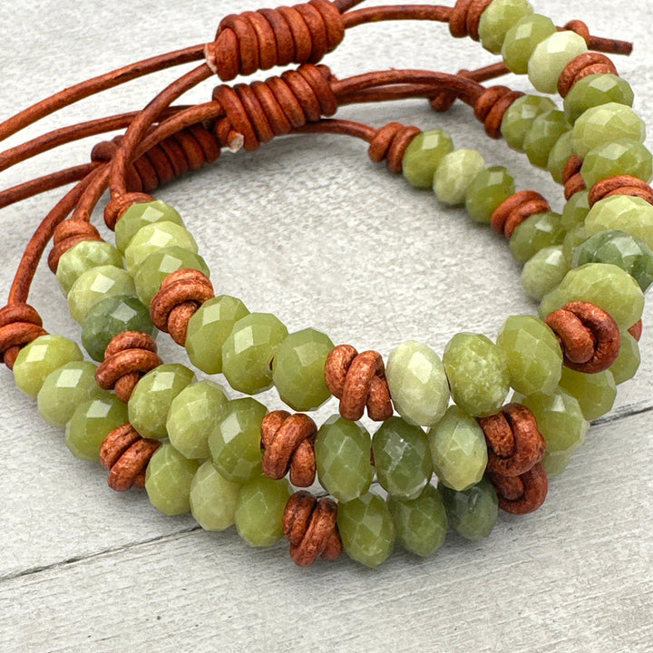 Natural Faceted Green Jade and Rustic Brown Leather Layering Bracelet - SunlightSilver