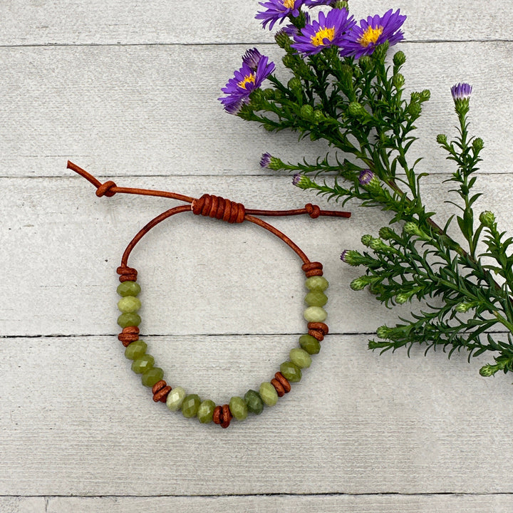 Natural Faceted Green Jade and Rustic Brown Leather Layering Bracelet - SunlightSilver