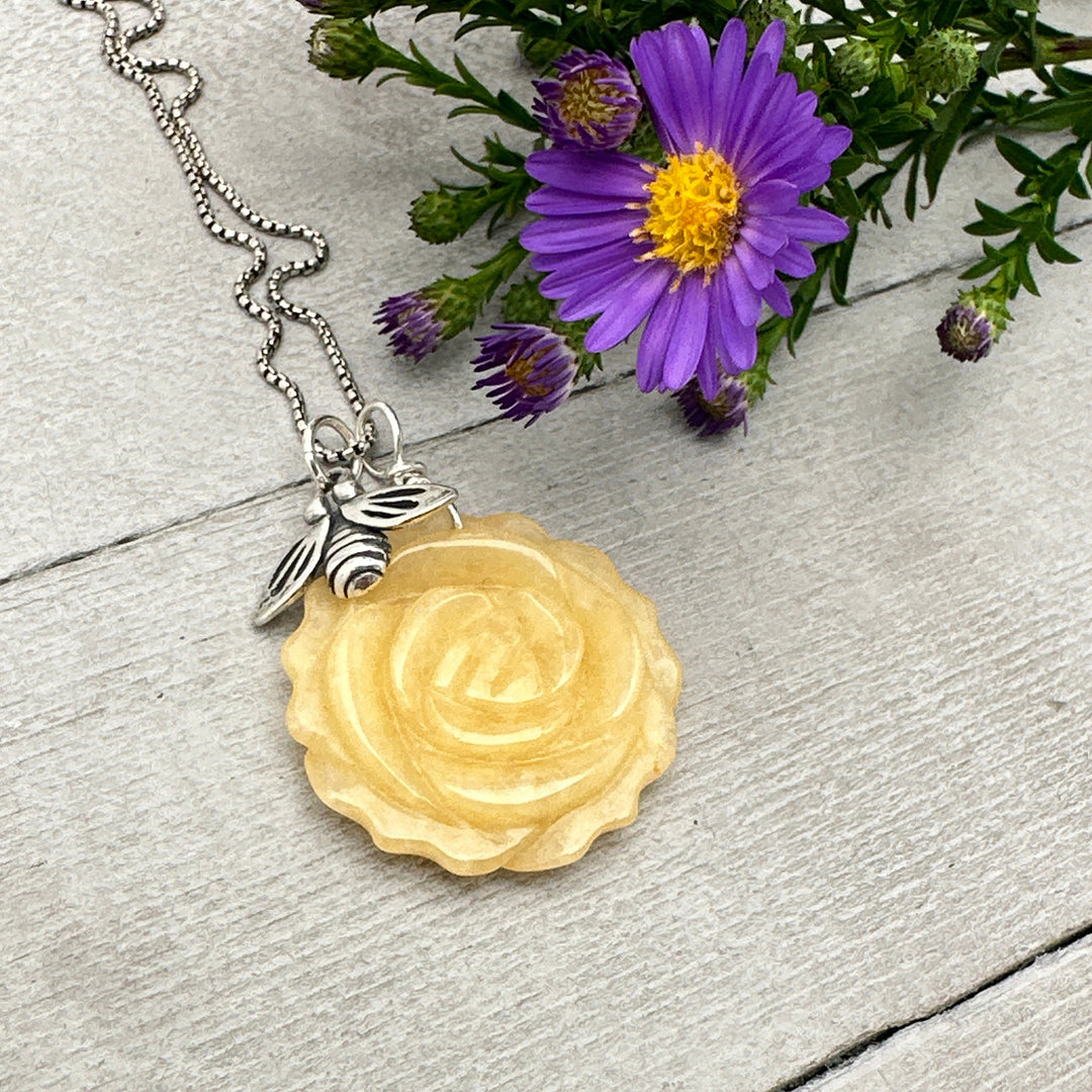 Carved Yellow Jade Flower and Sterling Silver Bee Charm Necklace - SunlightSilver