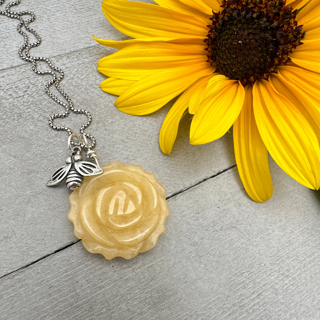 Carved Yellow Jade Flower and Sterling Silver Bee Charm Necklace - SunlightSilver