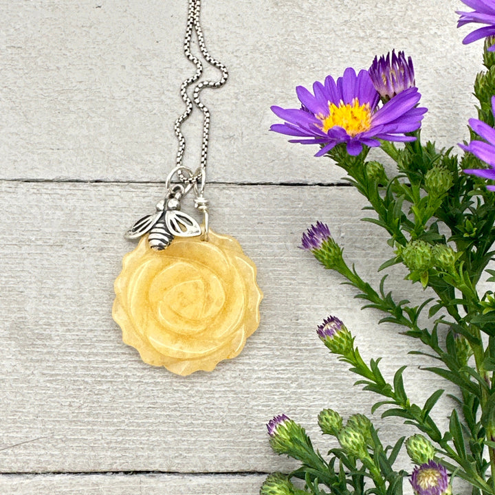 Carved Yellow Jade Flower and Sterling Silver Bee Charm Necklace - SunlightSilver