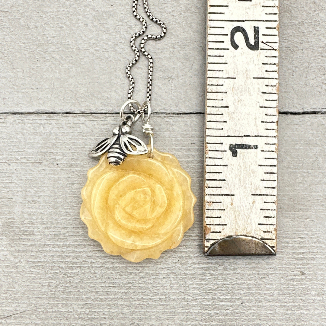 Carved Yellow Jade Flower and Sterling Silver Bee Charm Necklace - SunlightSilver