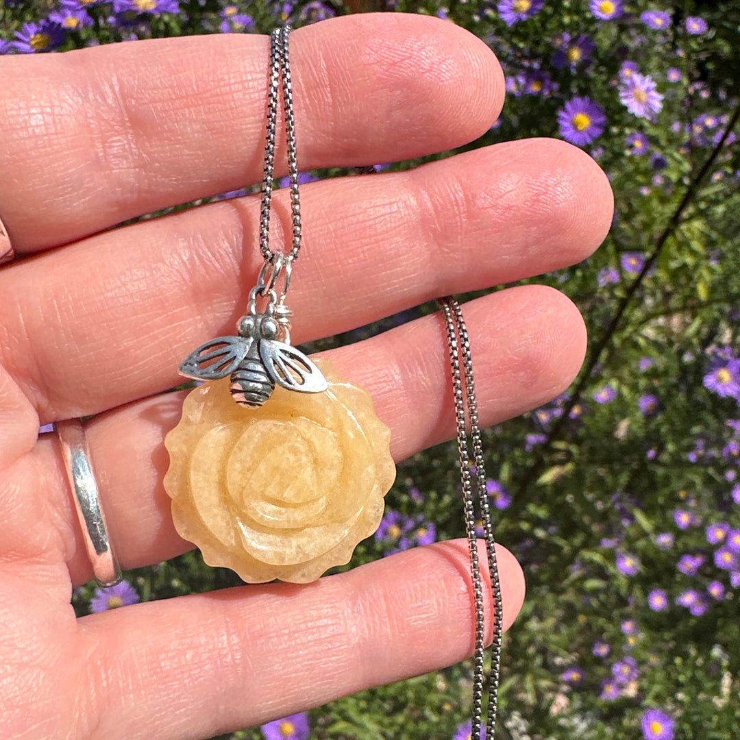 Carved Yellow Jade Flower and Sterling Silver Bee Charm Necklace - SunlightSilver