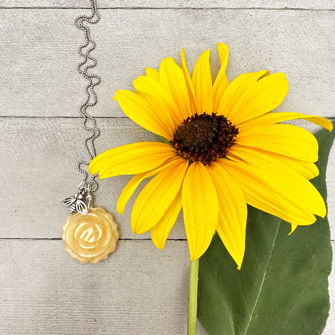 Carved Yellow Jade Flower and Sterling Silver Bee Charm Necklace - SunlightSilver