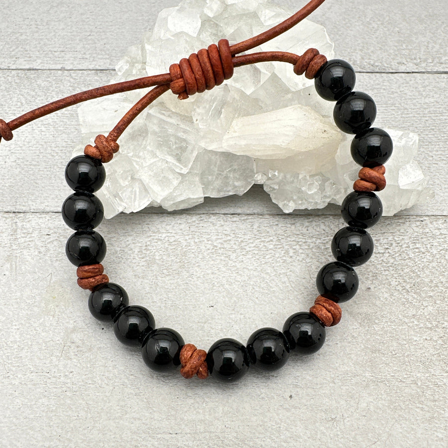 Black Onyx Crystal and Leather Bracelet - SunlightSilver