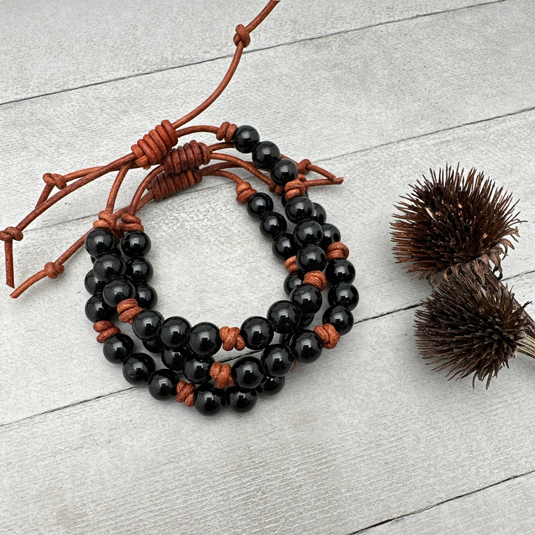 Black Onyx Crystal and Leather Bracelet - SunlightSilver