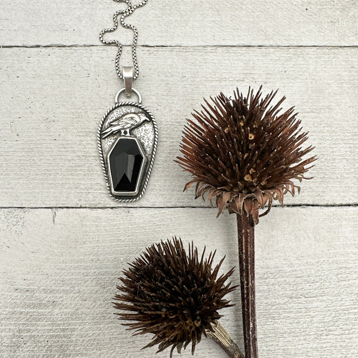 Black Onyx Coffin and Sterling Silver Raven Pendant. Halloween Gothic Jewelry - SunlightSilver