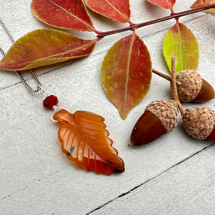 Carved Carnelian Leaf Pendant. Fall leaf jewelry pendant. Orange leaf pendant. One pendant, your choice! - SunlightSilver