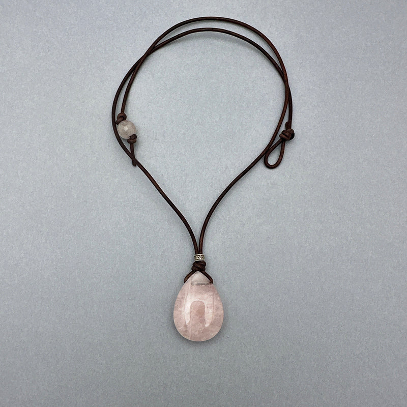Rose Quartz Pendant Leather Necklace. Healing Crystal